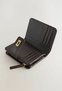 Brown leather wallet with an embossed texture, gold hardware, multiple card slots, and a zippered compartment, partially open.