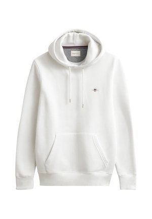Witte hoodie met een voorzak, verstelbare trekkoordkap en een klein logo. Gemaakt van zacht materiaal met geribbelde manchetten en zoom.