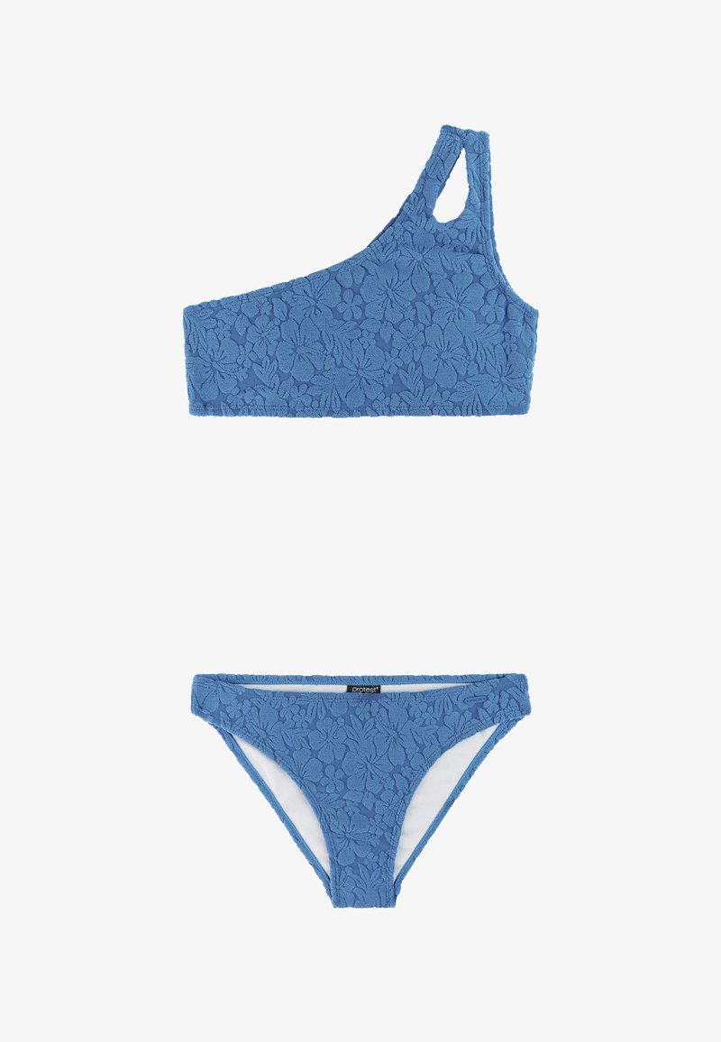 Blauw gestructureerd bloemen-bikinitopje met één schouder en bijpassende lage bikinibroekjes, beide gemaakt van een stof met verhoogde bloemenpatronen.