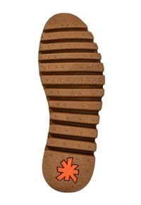 Gummisko sål i lysebrun med teksturerede riller og et orange stjerne logo nederst. Buet form med afrundet tå.