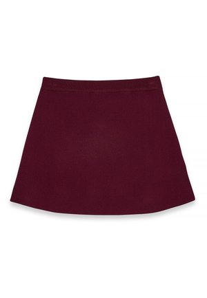 Jupe bordeaux avec une taille élastique et un ourlet évasé. Texture lisse, avec un design simple et uni, sans motifs ni embellissements.