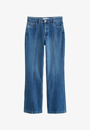 Sinised teksapüksid laia säärega, esiküljel kortsusõmblustega, viie taskuga, nööbi ja vööaasadega, valgel taustal.