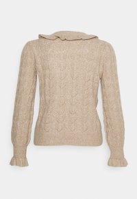 Beige Pullover mit einem Rüschensaum, langen Ärmeln und einem strukturierten Zickzackmuster, mit gerippten Bündchen und Saum.
