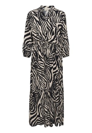 Šaty s černobílým zebřím vzorem, tříčtvrtečními rukávy, knoflíkovým výstřihem, páskem na zavázání v pase a vrstveným lemem. Lehká textilie.
