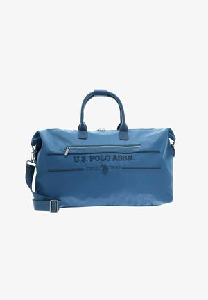 Sac polochon bleu de U.S. Polo Assn. avec deux poignées, une poche zippée à l'avant et une bandoulière réglable.