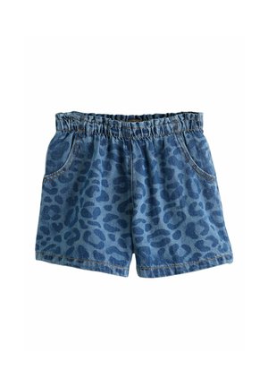 Blå denimshorts med elastisk talje og mørkt leopardmønster, med to forlommer.