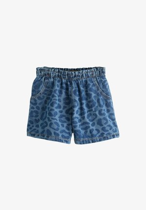 Blå denimshorts med elastisk talje og mørkt leopardmønster, med to forlommer.