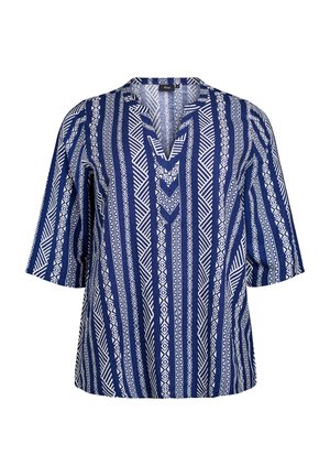 Navy blue top with short sleeves featuring a geometric white pattern, V-neck neckline, and relaxed fit. Designed with a lightweight fabric.