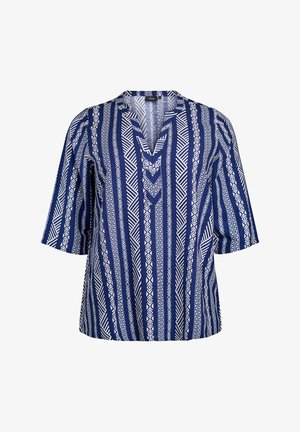 Top blu navy con maniche corte caratterizzato da un motivo geometrico bianco, scollo a V e vestibilità rilassata. Realizzato con un tessuto leggero.