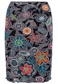 Jupe crayon imprimée florale en tissu noir avec des fleurs et des feuilles colorées variées. Elle dispose d'une taille élastique et d'un ourlet volanté.