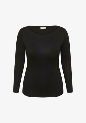 Black long-sleeve fitted women's top with round neckline and subtle brand label inside collar.