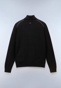 Zwarte trui met hoge kraag, lange mouwen en contrasterende zilveren stiksels. Bevat een klein logo boven de kraag. Zacht materiaal.