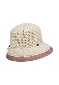Crochet hat in beige with a colorful striped brim. Features a rounded crown and a decorative side accent with a loop and bead.