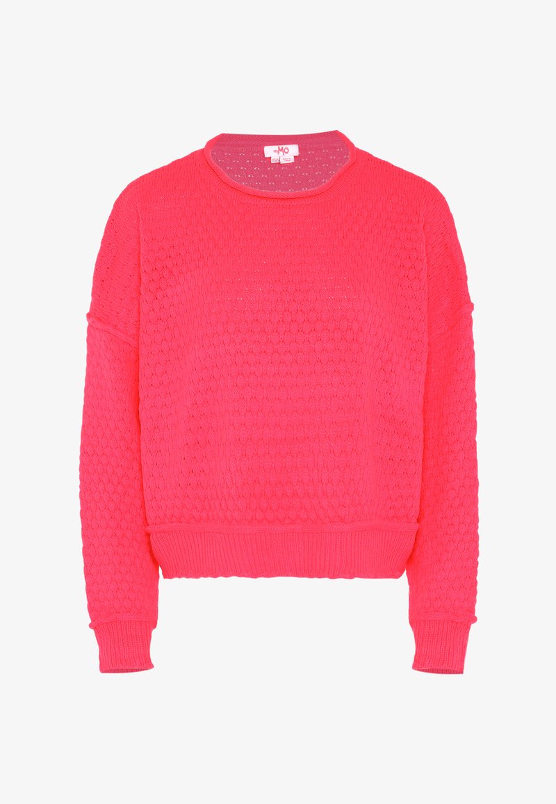 Fuchsia gestrickter Pullover mit strukturiertem Wabenmuster, Rundhalsausschnitt und gerippten Bündchen und Saum. Verfügt über einen lockeren, bequemen Schnitt.