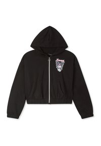 Felpa cropped nera con zip, tasche frontali, cappuccio e piccola grafica del personaggio "Kuromi" in rosa e bianco sul lato sinistro del petto.