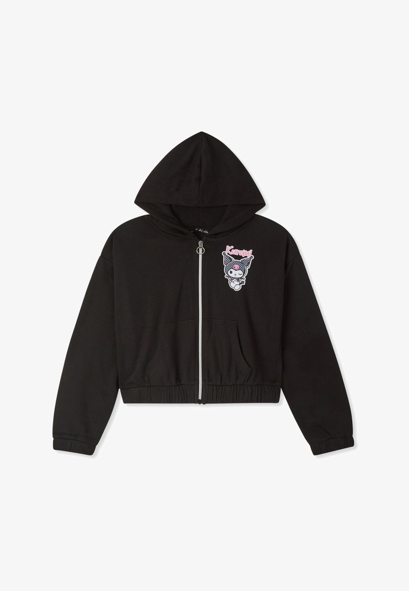 Czarna, skrócona bluza z kapturem na zamek błyskawiczny, z przednimi kieszeniami i małą grafiką postaci "Kuromi" w różowym i białym kolorze na lewej piersi.