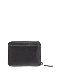 Portafoglio in pelle nera con chiusura a zip. Presenta una texture liscia e dettagli cuciti, forma rettangolare con un design minimalista.