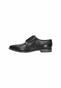 Zapato de vestir negro de cuero con punta afilada, cuatro ojales, costuras sutiles y suela texturizada. Presenta un sello de marca en el tacón.