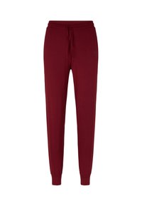 Weinrote Jogginghosen mit elastischem Bund, Kordelzug, Seitentaschen und schmalen Fußbündchen, auf weißem Hintergrund präsentiert.