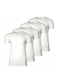 Vier eenvoudige witte t-shirts met korte mouwen en ronde hals, diagonaal gerangschikt, met een vooraanzicht en een subtiele merklogo op de borst.