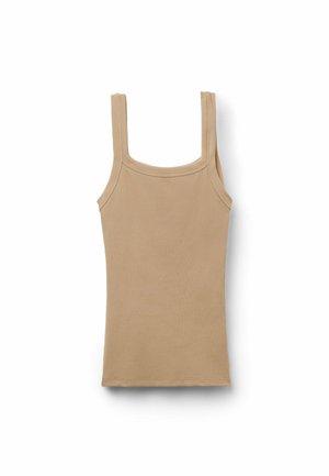 Camiseta sin mangas beige con textura acanalada, tirantes anchos y escote cuadrado, mostrada extendida sobre un fondo blanco.