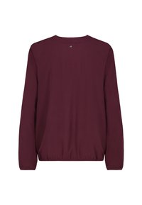 Langärmlige, dunkelburgunderfarbene Bluse mit elastischem Saum und Bündchen, Rückansicht, mit einem kleinen Metallknopf in der Nähe des Kragens.
