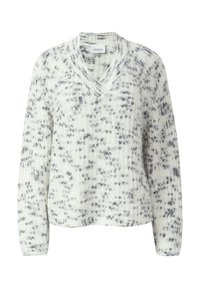 Knitted pullover in white and grey with a V-neckline, long sleeves, and a boxy fit; features a textured pattern and soft fabric.