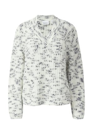 Gestrickter Pullover in Weiß und Grau mit V-Ausschnitt, langen Ärmeln und einem lockeren Schnitt; enthält ein strukturiertes Muster und weichen Stoff.
