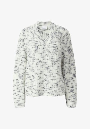 Sweter z dzianiny w kolorze białym i szarym, z dekoltem w kształcie litery V, długimi rękawami i luźnym krojem; posiada teksturowany wzór oraz miękką tkaninę.