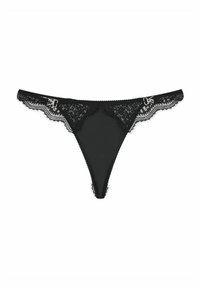Black lace thong featuring a sheer front, scalloped edges, delicate lace trim, and a metallic hardware accent on the waistband.