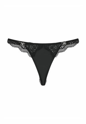 Black lace thong featuring a sheer front, scalloped edges, delicate lace trim, and a metallic hardware accent on the waistband.