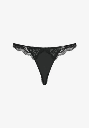 Czarna koronkowa stringi z przezroczystym przodem, falbankami, delikatnym koronkowym wykończeniem oraz metalowym akcentem na pasie.