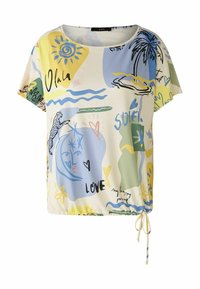 Top a maniche corte con vestibilità ampia, caratterizzato da un design astratto multicolore in giallo, blu, verde e nero, con orlo regolabile tramite coulisse.