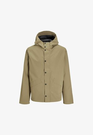 Béžová nepremokavá bunda s kapucňou, s predným zapínaním na cvočky, dvomi šikmými bočnými vreckami a hladkou textúrou.