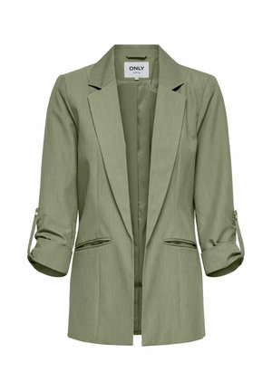 Gaiši zaļš žakete ar pielāgotu piegriezumu, krokotu apkakli, uzrullētām piedurknēm ar pogu akcentiem un divām priekšējām kabatām. Gluda tekstūra.