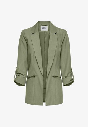 Svetlo zelena blazer z oblikovano postavo, s klasičnimi reverji, zavihanimi rokavi z gumbi in dvema sprednjima žepoma. Gladek tekstura.