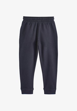 Tamno plave trenirke s elastičnim pojasom, suženim nogavicama i rebrastim manžetama; izrađene od mekog, izdržljivog materijala s glatkom teksturom.