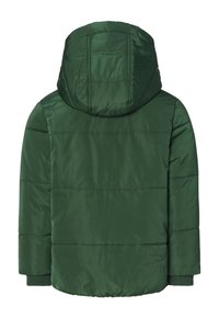 Grüne gepolsterte Jacke mit Kapuze, die über gesteppten Details und gerippten Bündchen verfügt. Hergestellt aus glattem, leichtem Material.