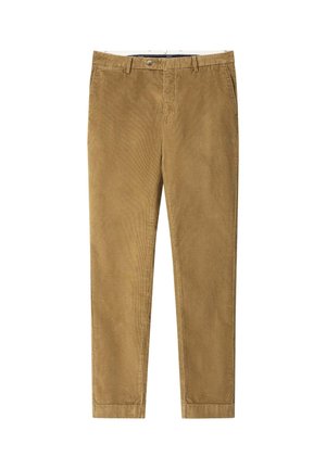 Khaki korduroy kalhoty s úzkým střihem, s plochým předním dílem, zipem a pěti kapsami. Měkká textura s vertikálním žebrováním.
