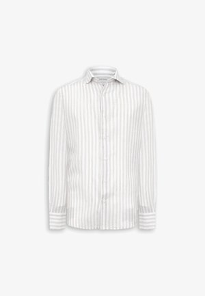 Chemise blanche à manches longues avec boutons, rayures verticales gris clair et col pointu, présentée sur un fond blanc.