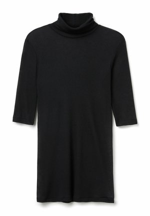 Black turtleneck dress with three-quarter sleeves, made from ribbed fabric, featuring a relaxed fit and knee-length hem.