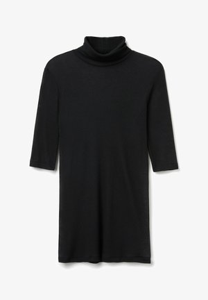 Black turtleneck dress with three-quarter sleeves, made from ribbed fabric, featuring a relaxed fit and knee-length hem.