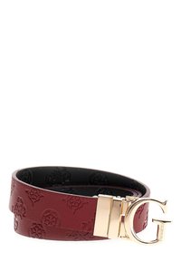 Curea roșie din piele cu un model floral embosat și interior negru. Dispune de o cataramă din metal auriu cu un logo „G” proeminent.