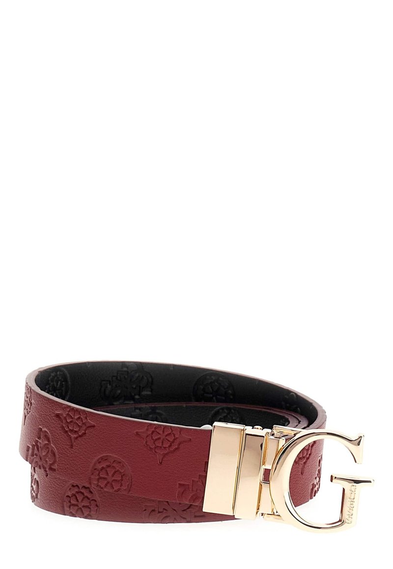 Curea roșie din piele cu un model floral embosat și interior negru. Dispune de o cataramă din metal auriu cu un logo „G” proeminent.