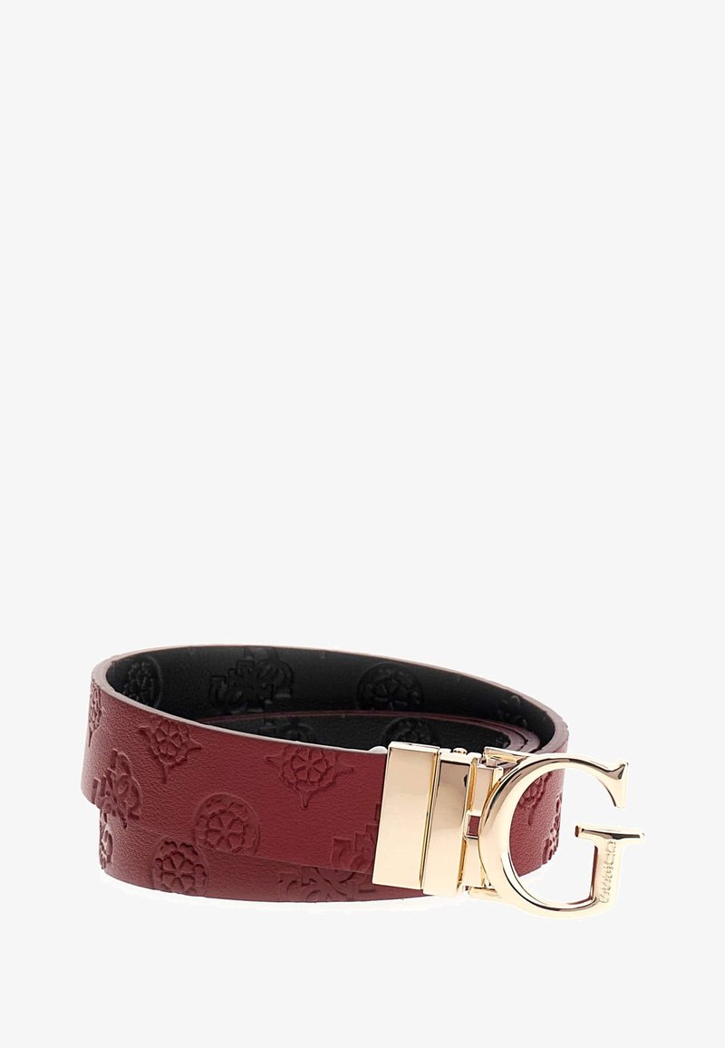 Rode leren riem met een geperst bloemmotief en een zwarte binnenkant. Voorzien van een gouden gesp hardware met een opvallend "G" logo.