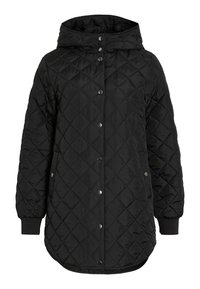 Chaqueta negra acolchada con capucha, cierre de botones a presión, puños elásticos y un largo mayor con bolsillos laterales. Textura suave y lisa.