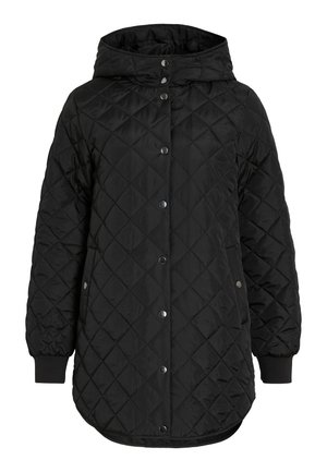 Veste matelassée noire avec capuche, fermeture à boutons-pression, poignets élastiques et longueur prolongée avec poches latérales. Texture douce et lisse.