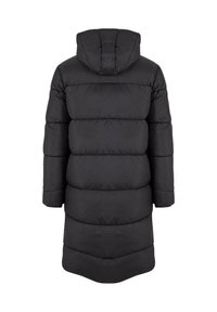 Zwarte pufferjack met een capuchon, voorzien van een gekwilt ontwerp, lange mouwen en een iets gebogen zoom. Gladde, matte textuur.
