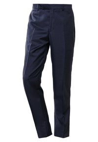 Pantaloni blu navy con un sottile motivo a pois, dotati di vita piatta, gambe affusolate e passanti per cintura. Realizzati in un tessuto liscio con un design su misura.