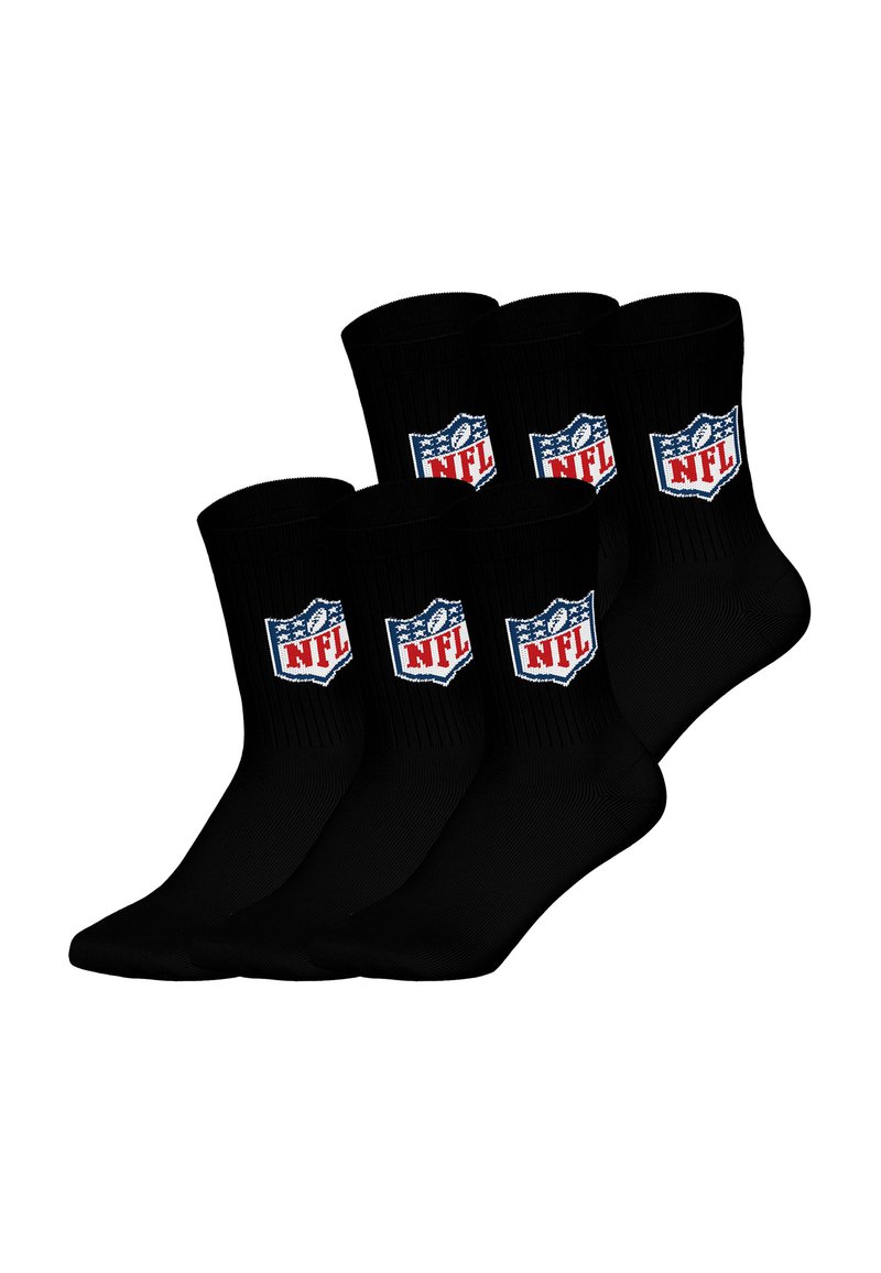 Schwarze Baumwollsocken im Set von fünf, mit einem gewebten NFL-Logo in Rot, Weiß und Blau. Gerippter Design am oberen Ende für zusätzliche Struktur.